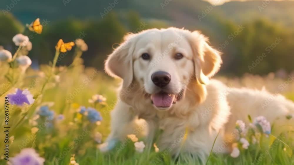 Golden retriever dog in flower field Golden retriever dog in flower field