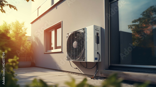 Heat pump on a outdoor house wall. Generative AI
