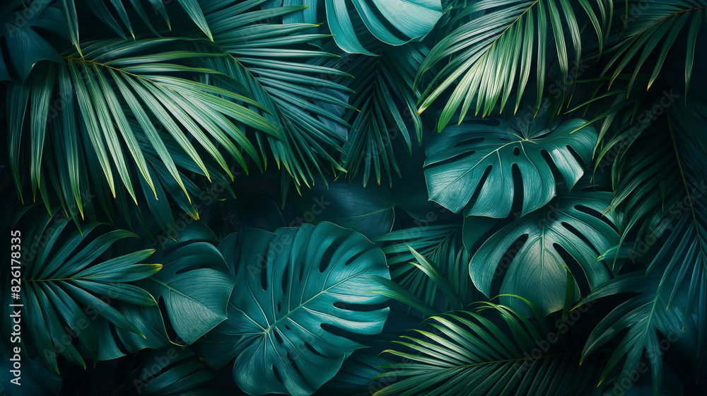The image is a dark green background with large palm leaves of different shades of green. The image is a dark green background with large palm leaves of different shades of green.