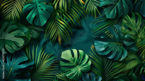 lush green tropical leaves, dark background, exotic botanical foliage photo