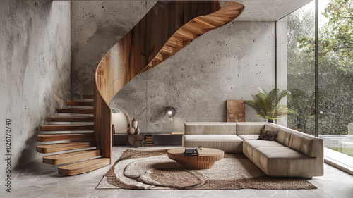 Inspiration open space interior design with living room and modern spiral staircase.minimal and contemporary architecture.ideas creativity with structure