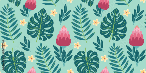 Seamless pattern with tropical leaves and flowers in simple design. Summer pattern with exotic plants for fabric and wallpaper. Flat vector illustration.
 photo