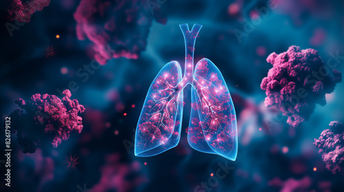 3D illustration of human lungs with virus. Concept of pneumonia, COVID-19, coronavirus. photo