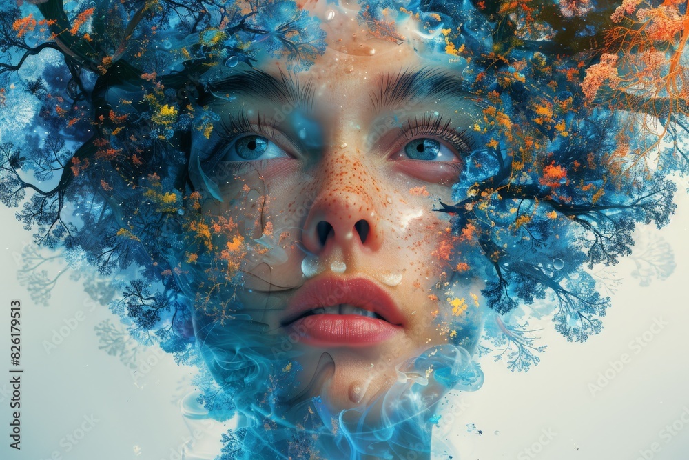 A woman with branches, leaves, and smoke effect for a creative conceptual representation A woman with branches, leaves, and smoke effect for a creative conceptual representation