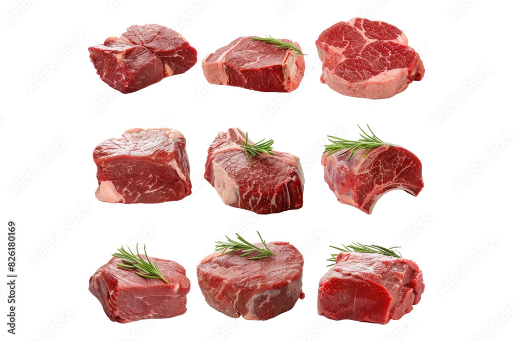 Collection of different raw steak isolated on white background Collection of different raw steak isolated on white background