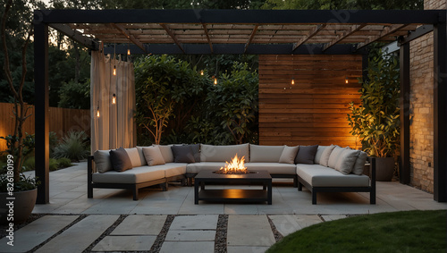 modern outdoor patio with a seating area, a bar, and a fire pit.