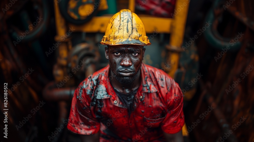 African American oil industry worker in action. Protective yellow hard hat and clothing stained with oil