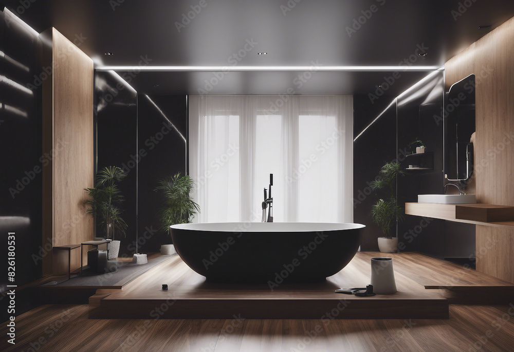 Black and wooden bathroom white tub Black and wooden bathroom white tub