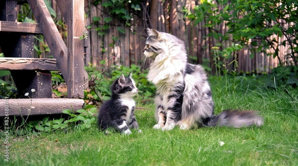 Obraz premium A cat and kitten rest on grass near a wooden fence and bench in backdrop