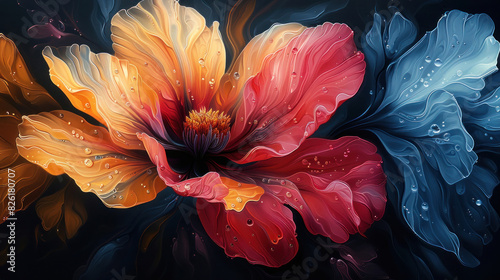 Abstract flower featuring a mix of vivid colors and elegant shapes, forming a mesmerizing design with artistic flair.
