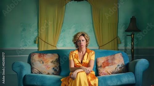 middle age blond pissed woman in her late 40s 50s or 60s  sitting on a sofa; concept of housewife that having enough 