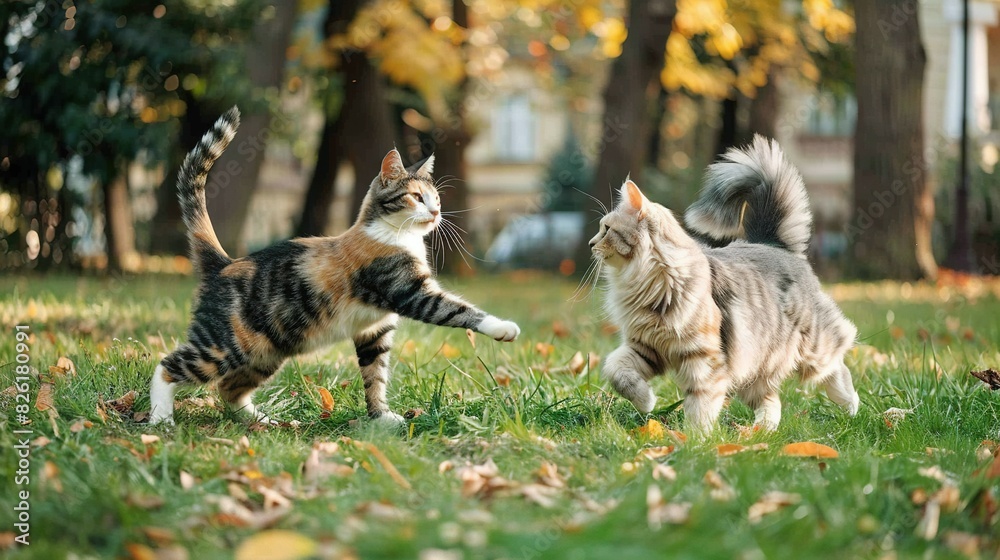 Obraz premium A couple of cats frolicking in a lush green meadow surrounded by towering trees