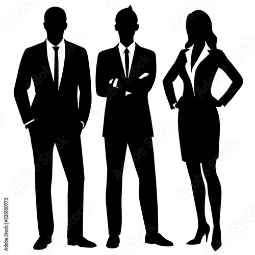 Business man and woman standing pose vector silhouette side by side, modern outfit vector illustration, white color background
