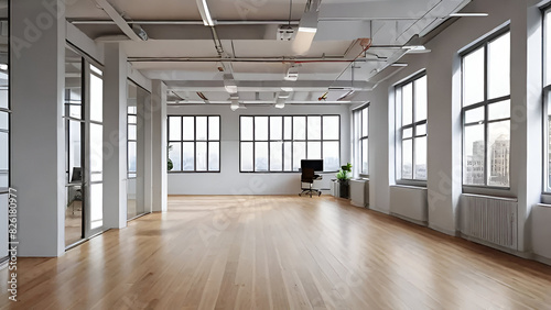 A modern open-plan office with a polished wooden floor is captured from a wide angle. The floor takes center stage in the image  blurring the background  which showcases neatly organized desks.