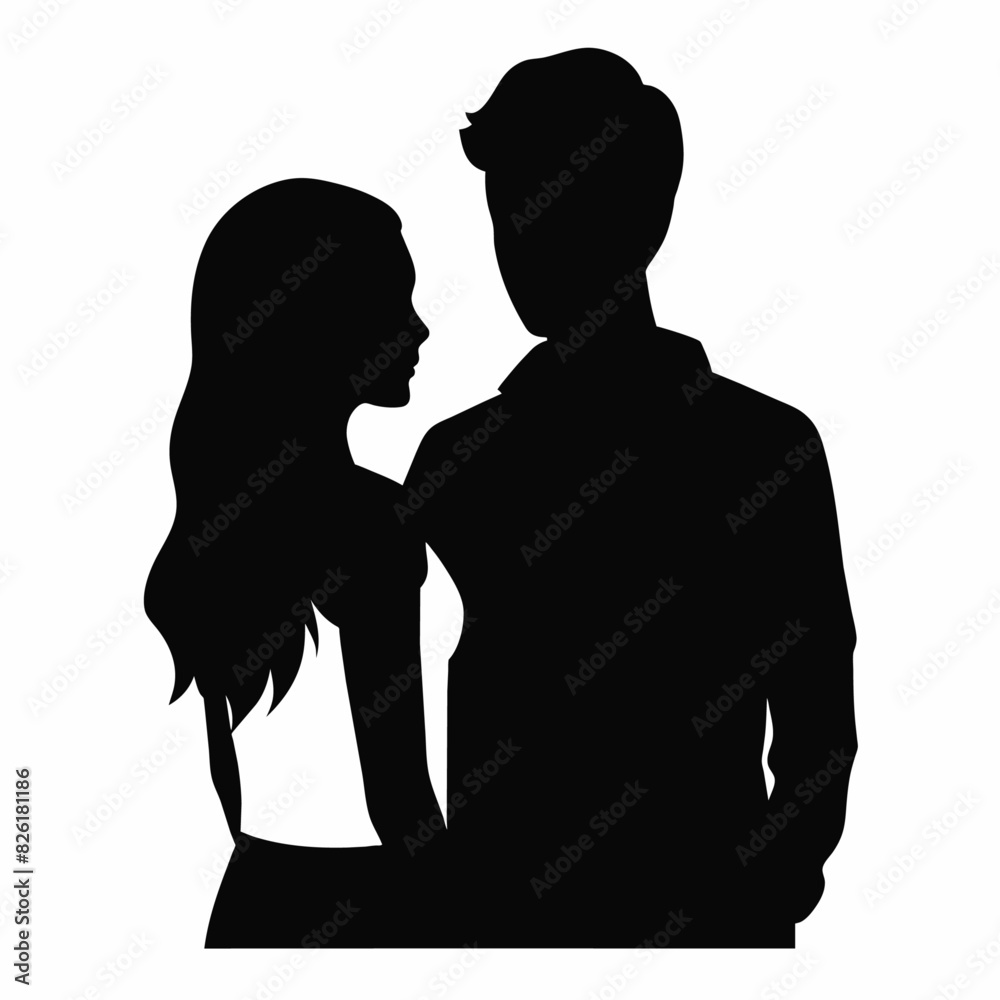 Couple of young people standing and embracing each other vector silhouette