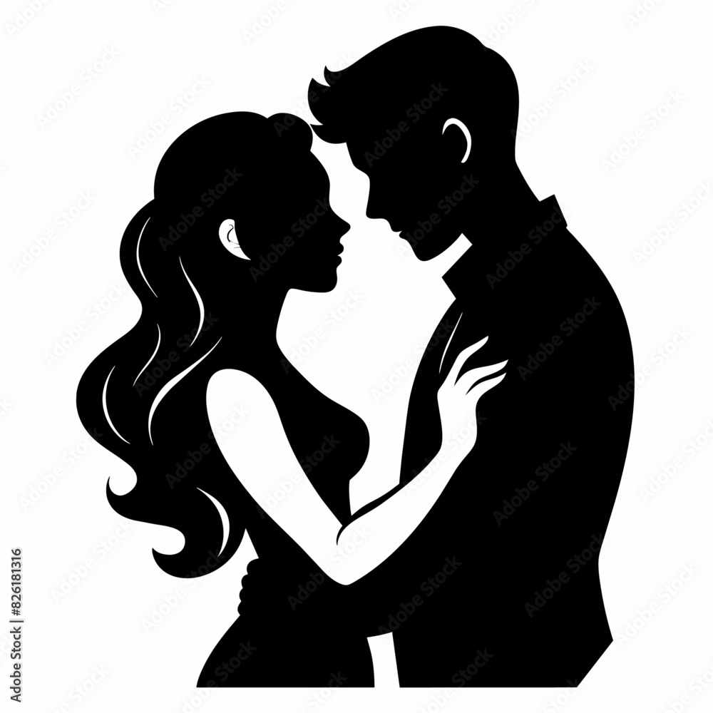 Couple of young people standing and embracing each other vector silhouette