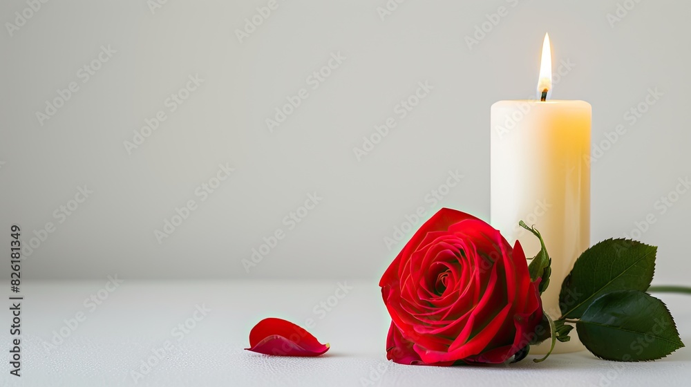 rose and candle on a white table against a pastel wall background, copy space for text, pastel colors, banner design rose and candle on a white table against a pastel wall background, copy space for text, pastel colors, banner design