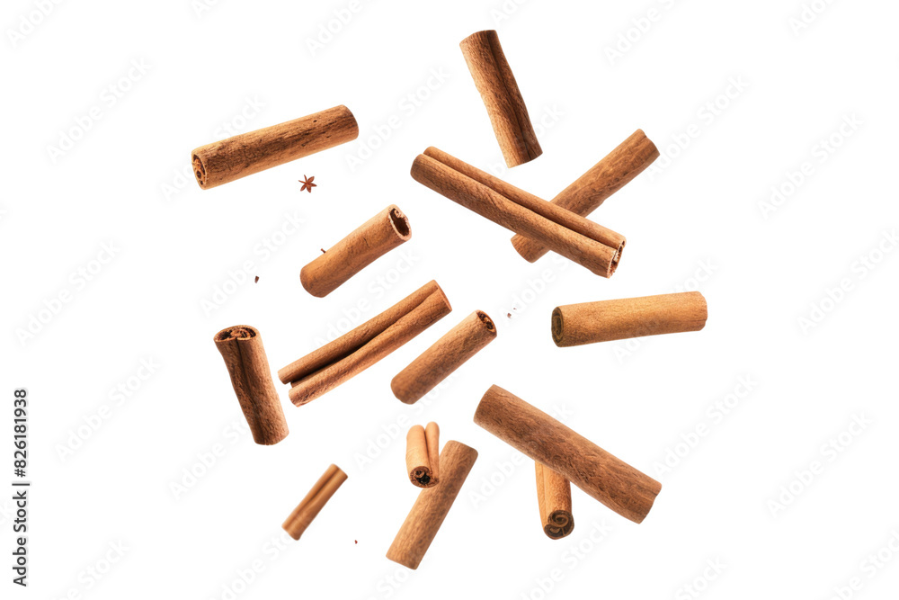Falling cinnamon stick isolated on white background Falling cinnamon stick isolated on white background