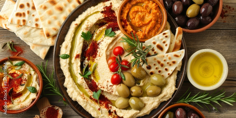 A plate of food with a variety of dips and vegetables generated by AI A plate of food with a variety of dips and vegetables generated by AI