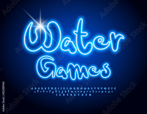 Vector Neon Banner Water Games. Glowing Blue Font. Bright Electric Alphabet Letters and Numbers set.