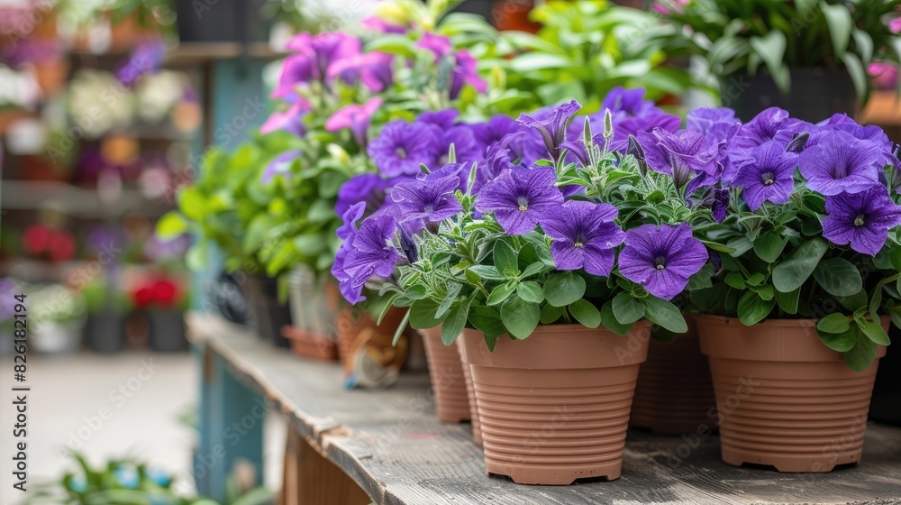 Group of violet Petunia plants for sale in a shop