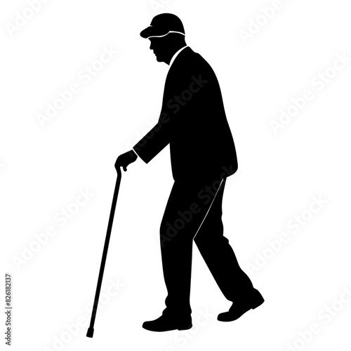 old man walking and relying on a cane, black color vector silhouette set against a white background