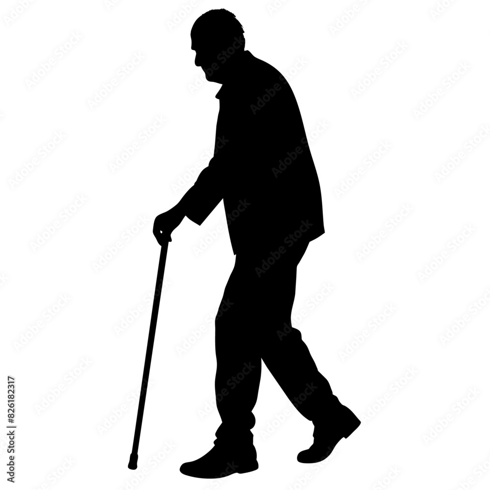 old man walking and relying on a cane, black color vector silhouette set against a white background old man walking and relying on a cane, black color vector silhouette set against a white background
