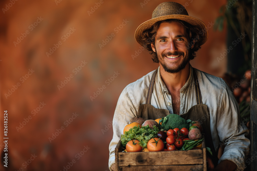 Farmer gathering and holding wooden box
