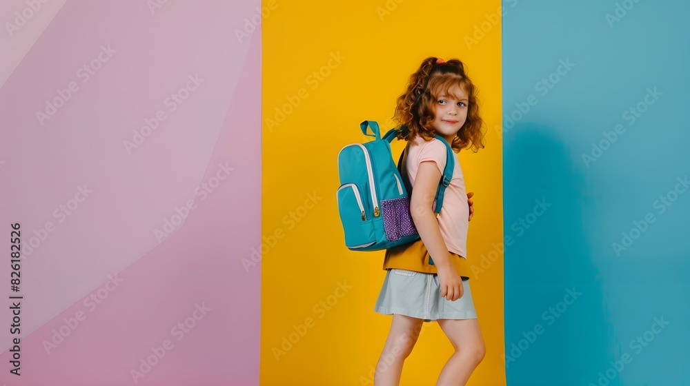 Smiling young girl with a turquoise backpack stands in front of a colorful geometric wall, ready for school or an adventure. Smiling young girl with a turquoise backpack stands in front of a colorful geometric wall, ready for school or an adventure.