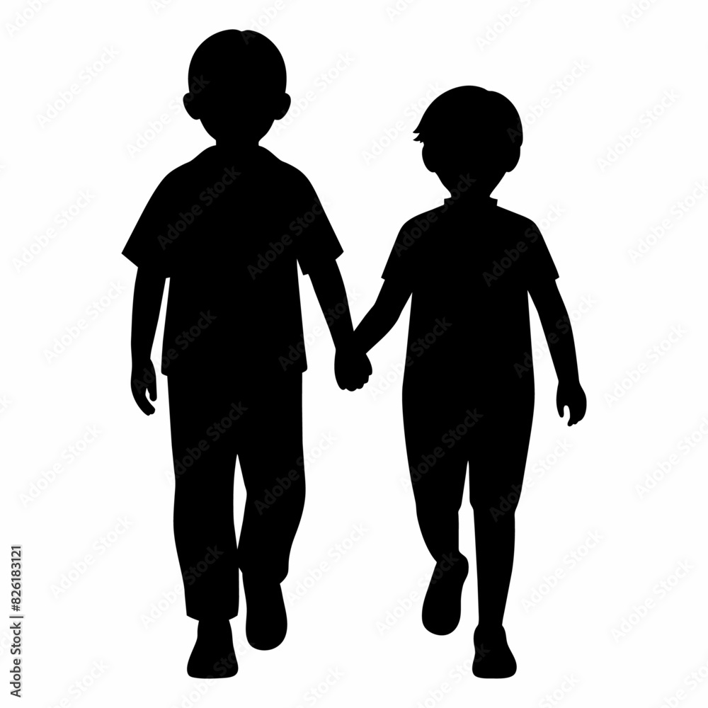 young sibling walking with hands held, enjoy moment vector silhouette, white background