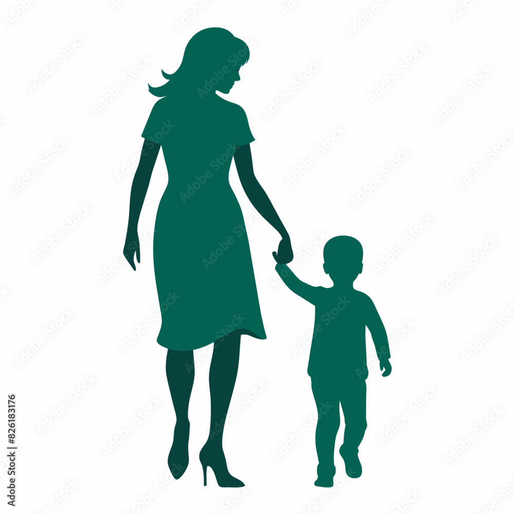 A young mother walking with holding her child hand side by side vector silhouette A young mother walking with holding her child hand side by side vector silhouette
