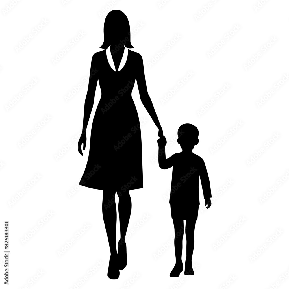 young mother in a modern outfit walking with holding her child hand side by side vector silhouette 