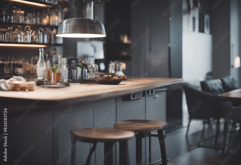 Gray kitchen with bar close up