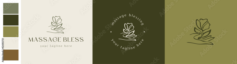 Logotipo masajista terapias naturales branding marca completa para spa masajes bienestar mano con flor cuidado personal relajación