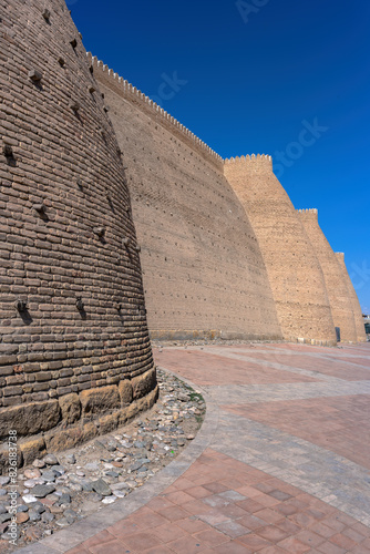 Walls of the Ark of Bukhara, a massive fortress located in Bukhara, Uzbekistan. The ark is part of the Bukhara World Heritage site