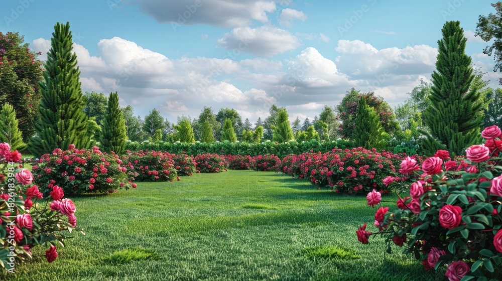 Obraz premium roses in full bloom, lush green grass and bushes with blooming flowers in the background.