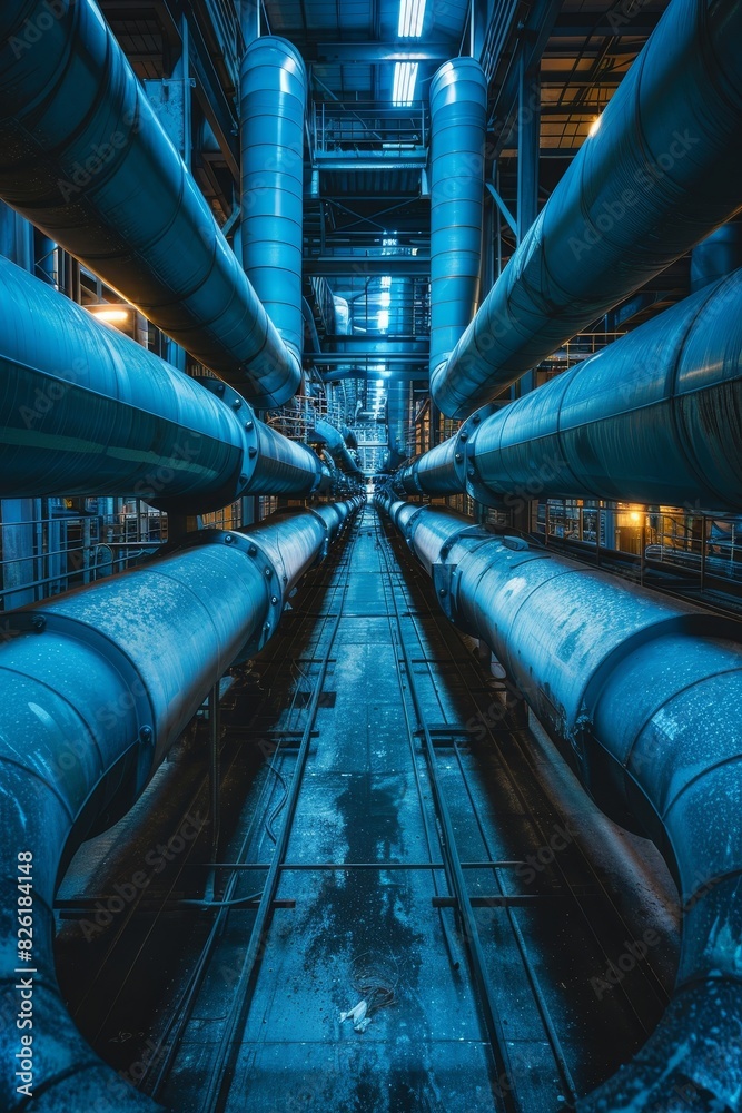 Fototapeta premium Construction, Industry and Development Concepts: Cool tones and perspective view of industrial pipes in a complex network