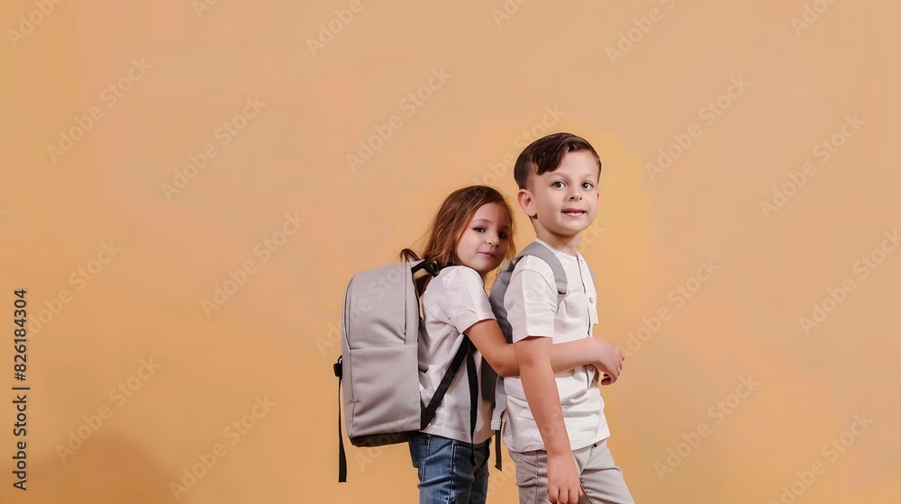 Two cheerful children with backpacks ready for school, standing against a plain background, symbolizing the excitement of a new academic year. Two cheerful children with backpacks ready for school, standing against a plain background, symbolizing the excitement of a new academic year.