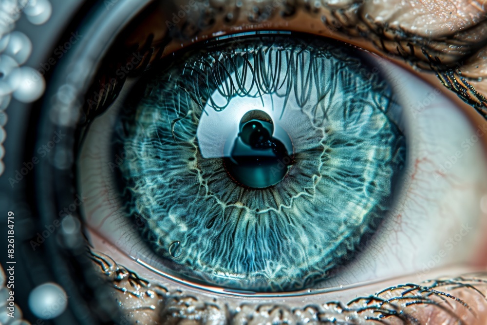 Close up of a blue eye with detailed reflections, captured in a dark setting, emphasizing clarity and intricate details