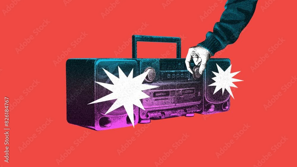 Human hand making music on boombox louder against red background. Party time, enjoyment and fun. Contemporary art. Stop motion, animation. Concept of retro and vintage, music, creativity. Poster, ad Human hand making music on boombox louder against red background. Party time, enjoyment and fun. Contemporary art. Stop motion, animation. Concept of retro and vintage, music, creativity. Poster, ad