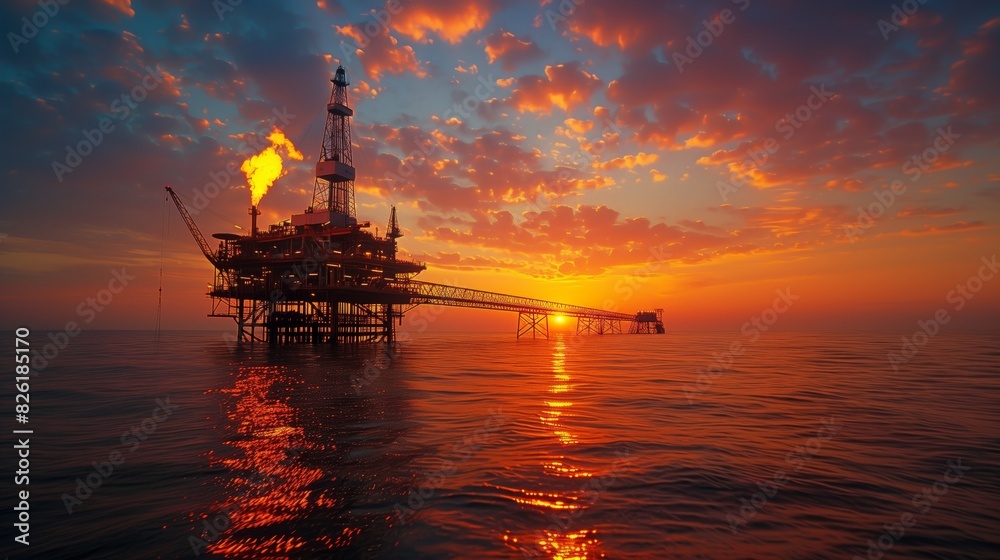 Offshore oil rig at sunset. An offshore oil drilling platform stands against a sunset with vivid orange and blue skies. A flame burns atop a tower