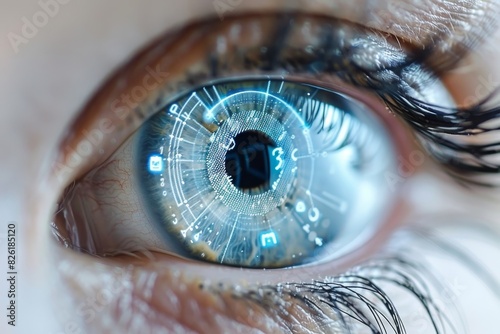 Close up of a blue eye with digital elements, symbolizing the fusion of technology and organic forms in a bright setting