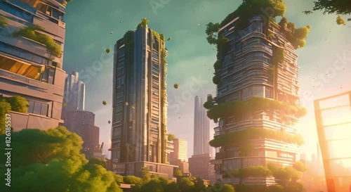 3D skyscraper tops, trees, futuristic style, sunsets, and green courtyards photo