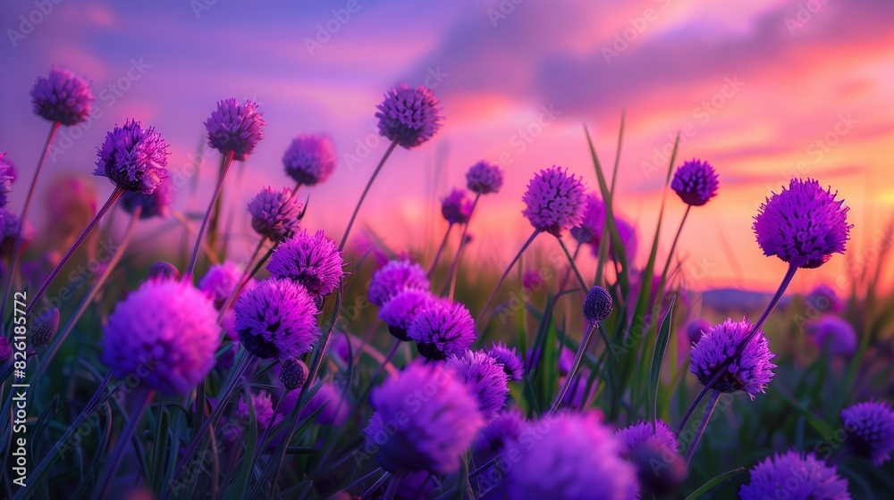 Fototapeta premium : Purple flowers in a field, their vibrant color intensified by the deep hues of the sunset sky.