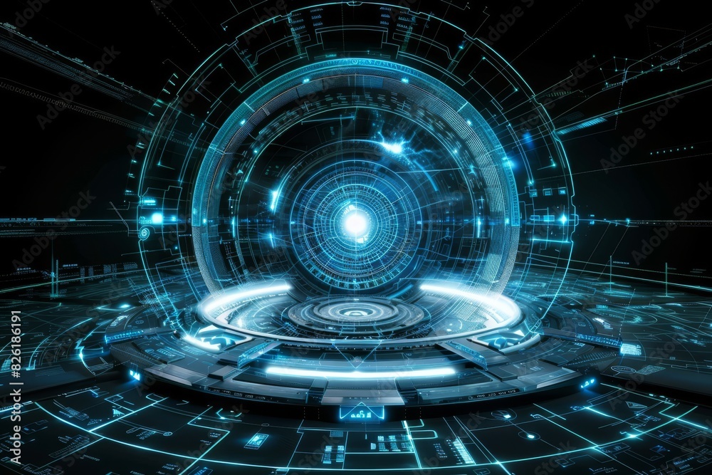 Fototapeta premium Futuristic depiction of a glowing blue portal, symbolizing advanced technology and connectivity in a high tech environment