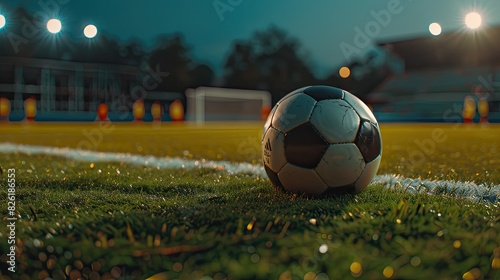 a soccer ball on the field of a large modern stadium with bright lights and a crowd of people in the background at night, designed as a banner. © lililia
