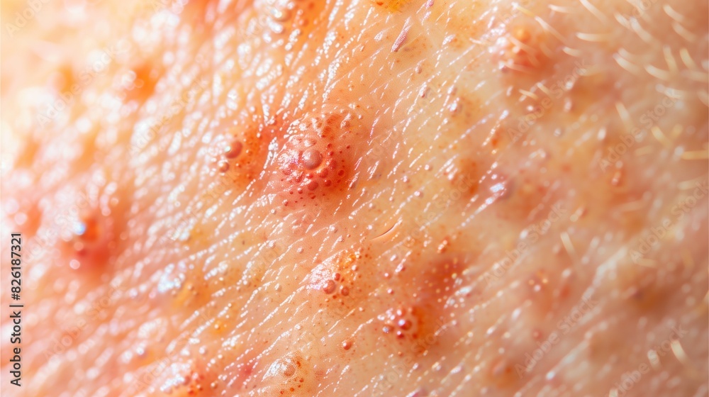 Close-up of skin with clogged pores and inflammation from dust allergy, cosmetic allergy.