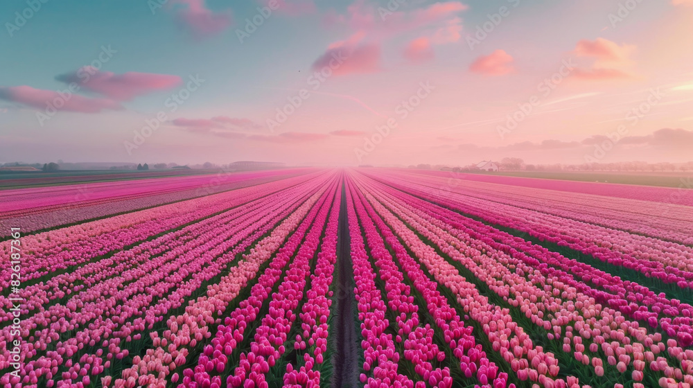 Fototapeta premium A breathtaking view of a vast field of pink tulips in full bloom, illuminated by the soft light of sunrise. 