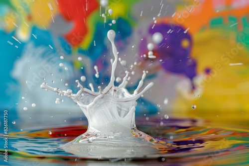 Highspeed image of a dynamic milk splash with a multicolored abstract backdrop