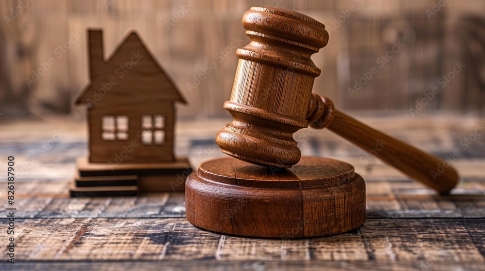 Concept of Justice and Law: Conceptual image of a wooden gavel and house model in a legal context Concept of Justice and Law: Conceptual image of a wooden gavel and house model in a legal context